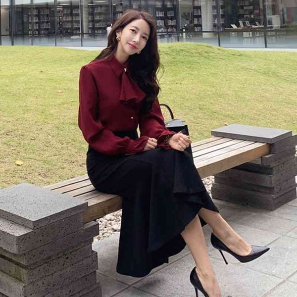 

fall winter office two piece set fashion women chiffon bow wine red shirt + ruffles bodycon mermaid long skirt suit 210514, White