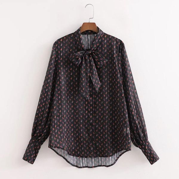 

women printed shirt long sleeves bow collared elegant lady chic vintage woman blouse femme mujer blusas 210420, White