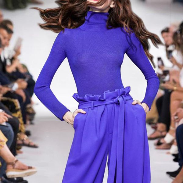 

women's two piece pants fashion runway 2022 spring set women blue turtleneck high waist belt loose office lady 2 pieces, White