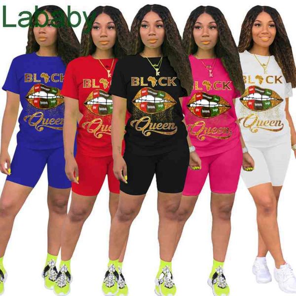 Kadın Eşofman İki Adet Set Deisgner Dudak Mektubu Baskılı Kısa Kollu T-Shirt Şort Katı Renk Jogger Setleri Yoga Kıyafetler Artı Boyutu