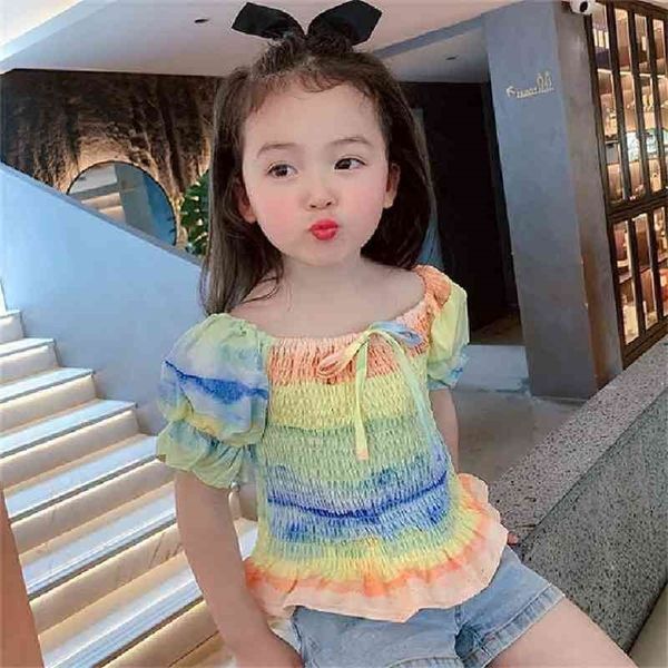 

summer arrival girls fashion rainbow t shirt kids korean design children clothes 210528, Blue