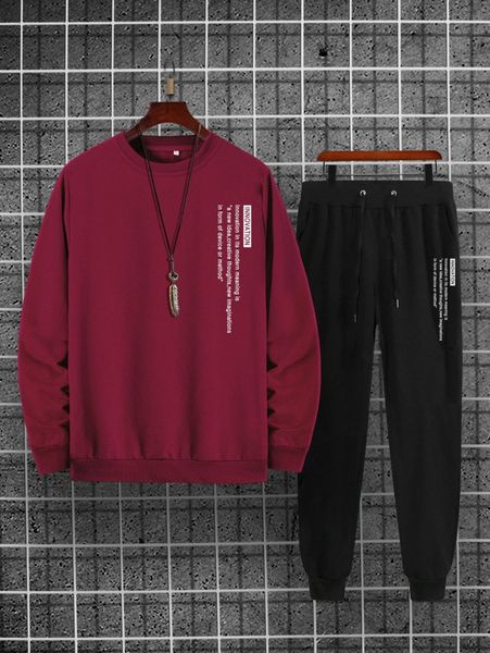 

men slogan graphic sweatshirt & drawstring waist sweatpants 15le#, Gray