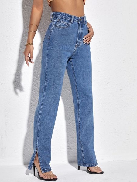 

high waist split hem jeans k2at#, Blue