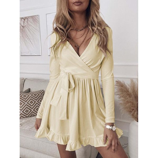 

casual dresses autumn dress woman sashes long sleeve for women 2021 mini solid ruffles v neck female robe femme, Black;gray