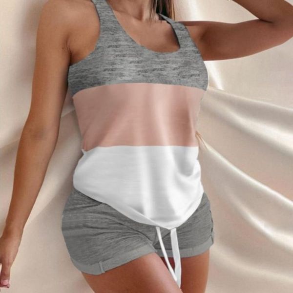 

women's tracksuits pajamas set women sleep wear 2021 summer patchwork print sleeveless shorts suit two pice nightgown homewear home clo, Gray
