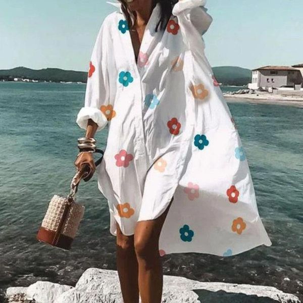 

summer autumn print loose lapel long sleeve lining dress two piece, White