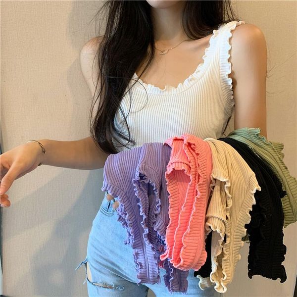 

women's tanks & camis 6 colors summer knitted vests women ruffles tank sleeveless casual solid sweet knitwear shirts 2021 kore, White