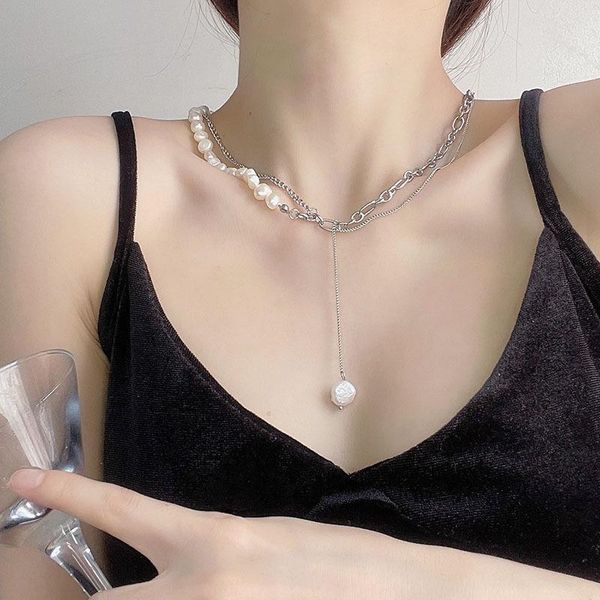 

pendant necklaces origin summer korean double-layer freshwater pearl necklace for women girls beaded chunky chain jewellery, Silver