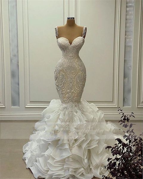 

luxury mermaid wedding dresses 2021 lace applique beach wedding gowns ruffles custom made vestido de noiva bride dress, White