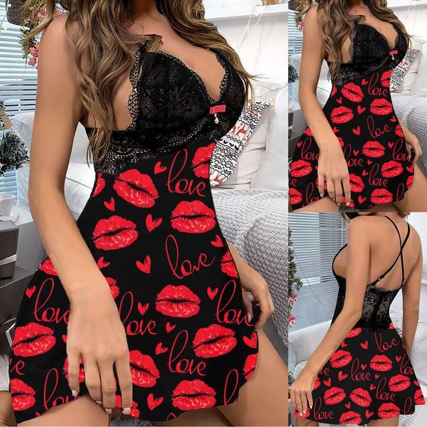 

women's sleepwear women sleepshirts fashion valentine lips printing nightdress lace open back skirt home female pajamas nightgown, Black;red