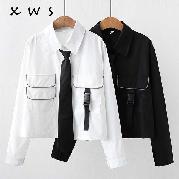 Harajuku Woman Appliques рубашка корейский поворотный воротник с длинным рукавом свободные галстуки кнопка женская блузка школа девушка Blous 210604