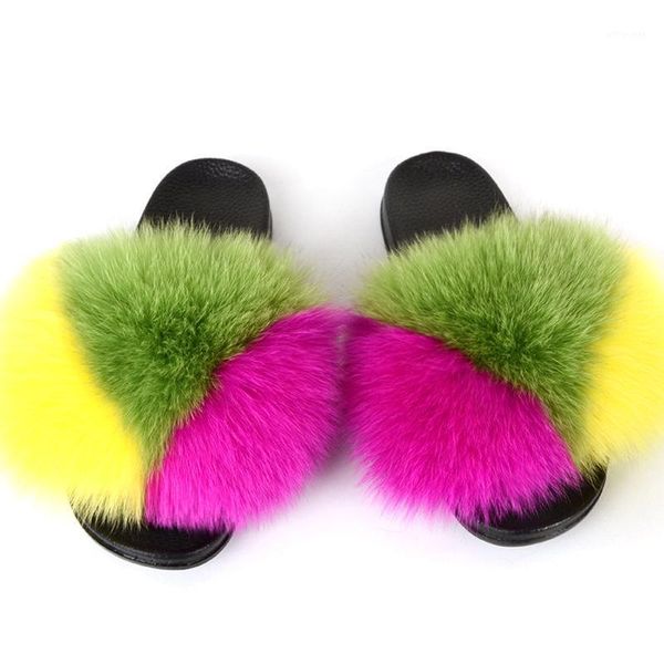 

slippers women's real fur raccoon furry slide slides cute ladies plush sandals flat fluffy shoes for women1, Black