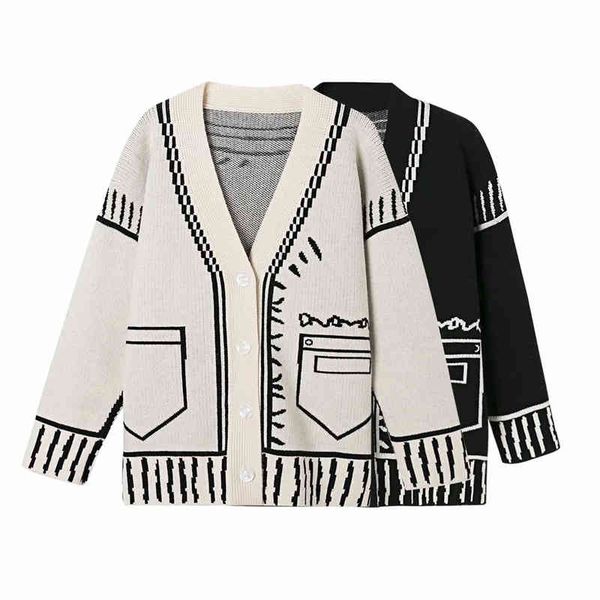 

streetwear women striped sweater coats fashion ladies v-neck knitted causal female chic pocket loose cardigan 210427, White