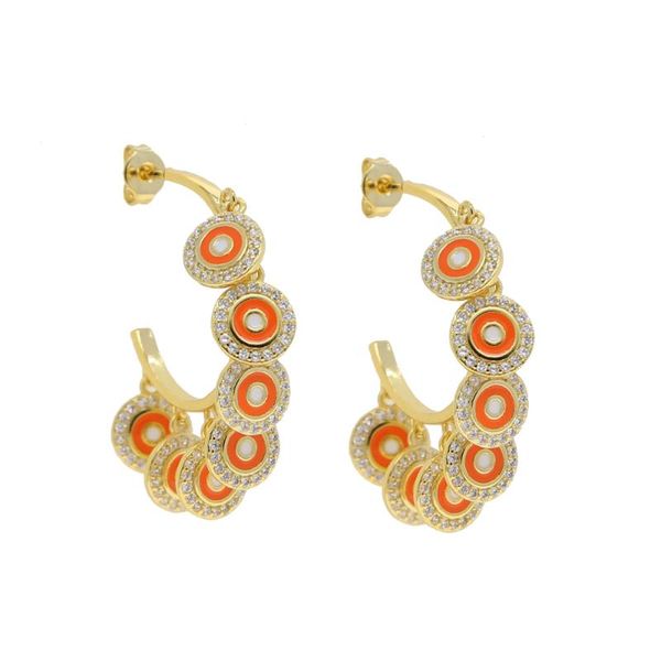 

hoop & huggie gold color yellow green orangle enamel round evil eye charm lucky fashion turkish earring, Golden;silver