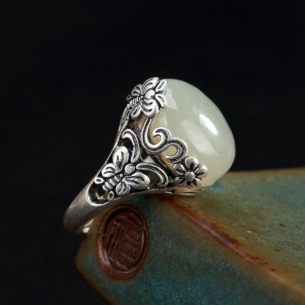 

cluster rings authentic women's 925 silver ring butterfly women accessories natural jade stone opening type fine jewellery bijoux, Golden;silver