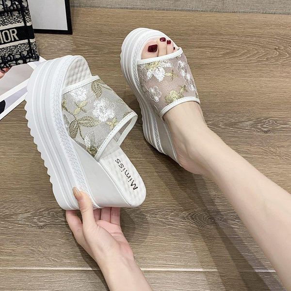 

slippers wedges heel sandals women summer 2021 embroidered platform open toe slope, Black