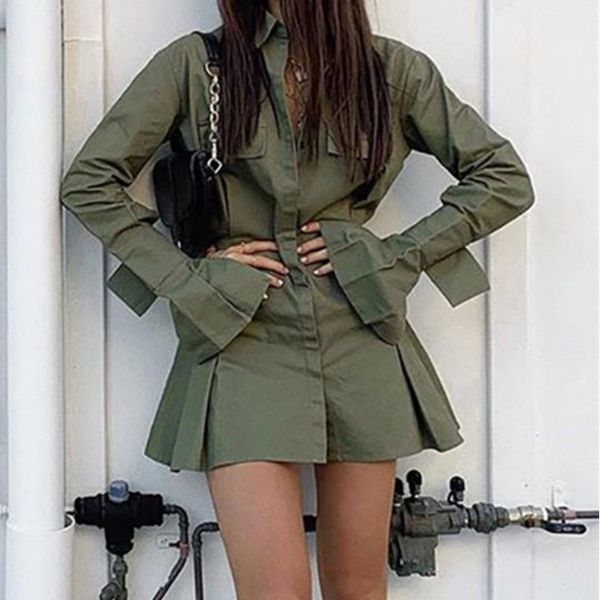 Outono manga comprida exército verde plissado camisa vestidos mulheres casual curva para baixo colarinho mini camisa camisa botão senhora escritório vestidos 210415