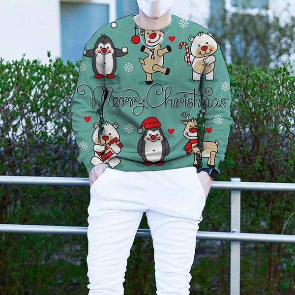 

men's christmas 3d printing long sleeve hoodless sweater santa claus snowman rabbit pattern costume, White;black