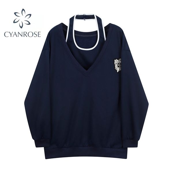 

2 pieces sets autumn women sweatshirts v neck hoodies and suspender vest korean long sleeve pullovers outfits fashion 220311, Black