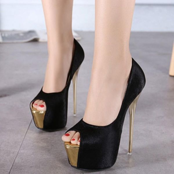 

women sandals flock slip on 16cm thin heels high peep toe shallow waterproof shoes sandalias mujer 2021 size 35-42, Black