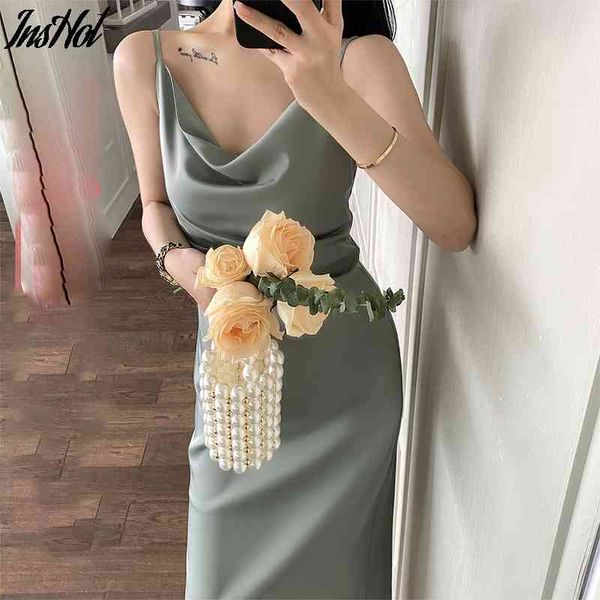 

smooth slip draped high waist satin long dress summer ladies party dress high waist slim female retro dress 210514, Black;gray