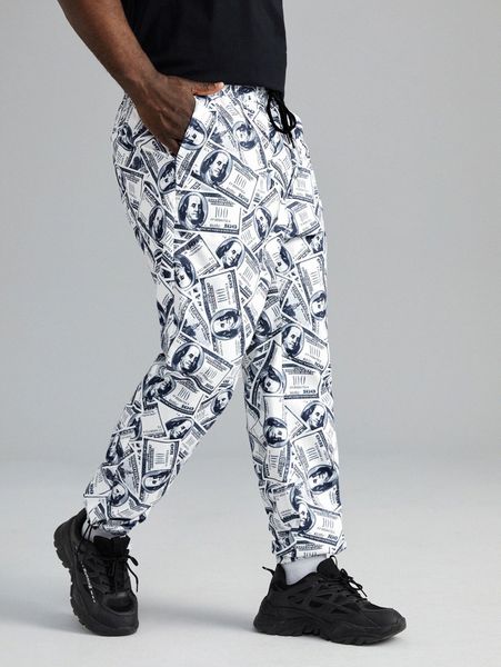 

extended sizes men allover dollar print drawstring waist pants l4ax#, Black