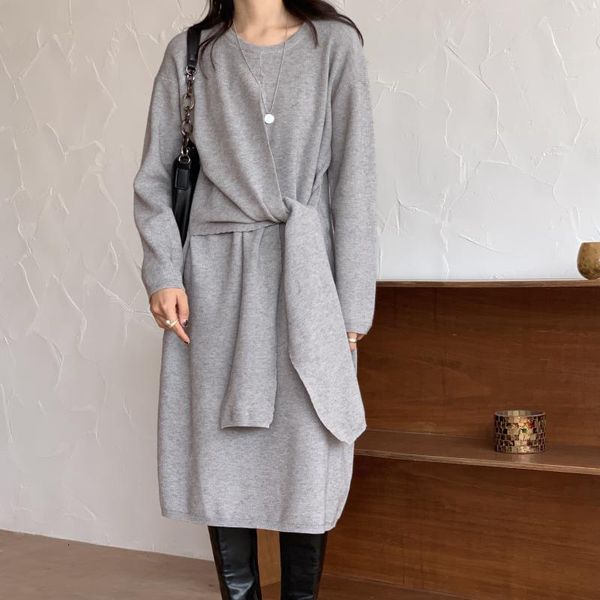 

dresses retro women loose sweater es warm o-neck knit mid-calf long sleeve autumn elegant vestidos, Black;gray