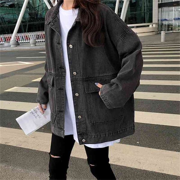 

2 colors women's casual jean coats autumn women loose denim jacket long sleeve loose female girls outwear oversize (78228) 210804, Black;brown