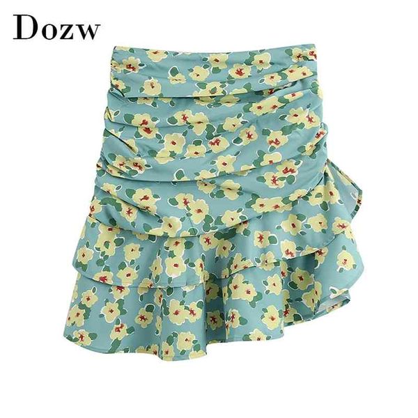 

boho floral print mini skirt ruffles high waist sheath s womens back zipper a line beach summer faldas cortas 210515, Black