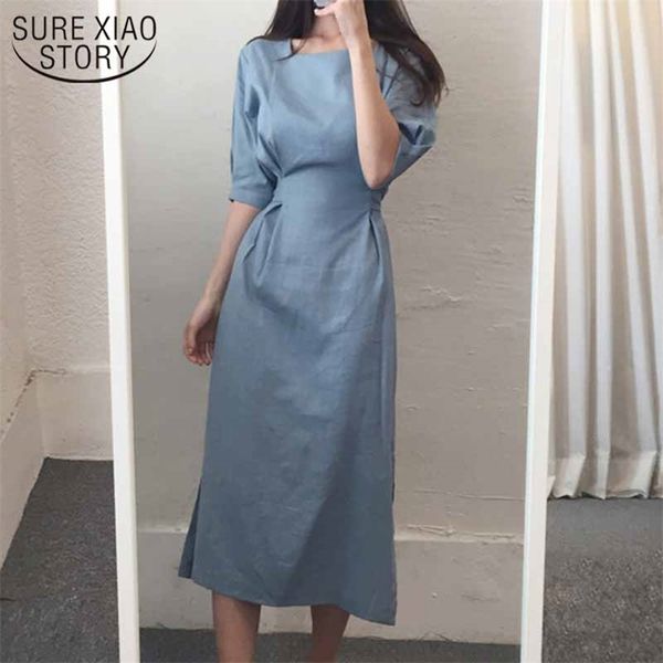 

summer square collar elegant long dress casual cotton linen office lady solid loose vintage women vestidos 12755 210421, Black;gray