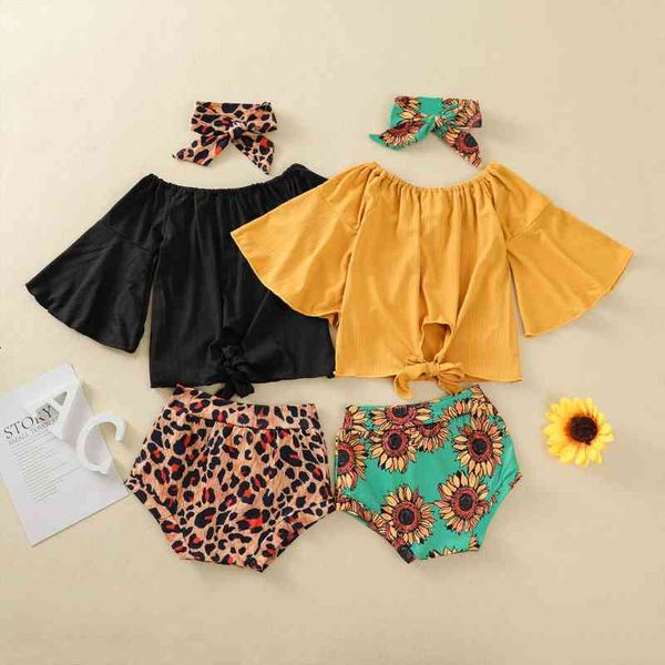 

summer lovely girls clothes sets 3pcs flare sleeve off shoulder solid leopard sunflowers shorts headband 0-3y, White