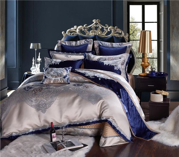 

bedding sets blue silver silk cotton satin jacquard luxury chinese set  king size bed sheet/spread duvet cover