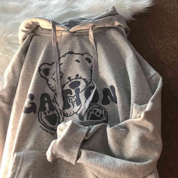 

women hoodie black teen bear cotton sweatshirt cute printed pullover