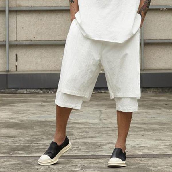 

men's pants summer relaxed casual cotton linen shorts men double patchwork skirt suit hip-hop yamamoto style, Black