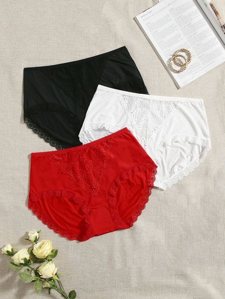 

3pack plus contrast lace panty q72w#, Black;white