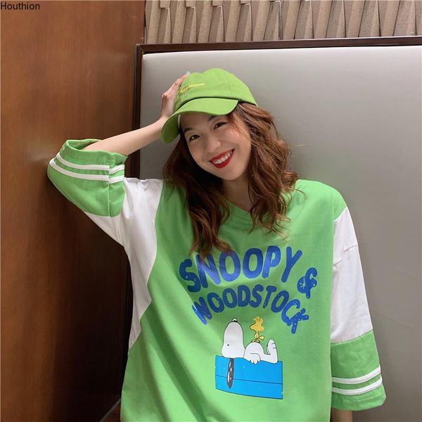 

houthion cotton letter print women's t-shirt summer fashion casual korean o-neck short sleeve retro loose, White