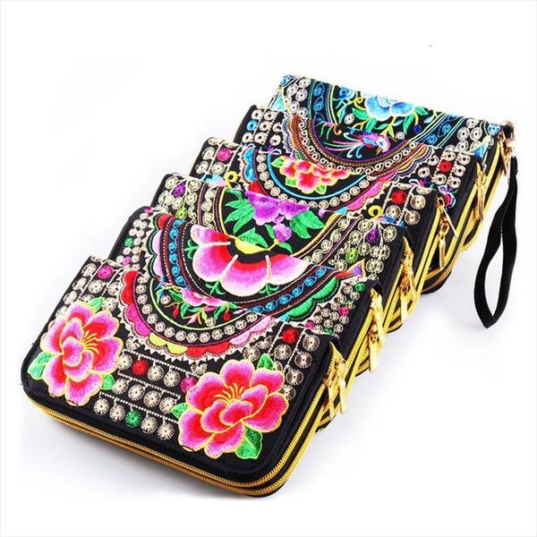 

women wallet long zipper coin card holder wallets hand embroidery pretty flower bohemia ethnic clutch bag for girl, Red;black