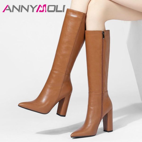 

boots annymoli extreme high heel woman pointed toe knee thick shoes zip ladies long autumn winter beige 43, Black