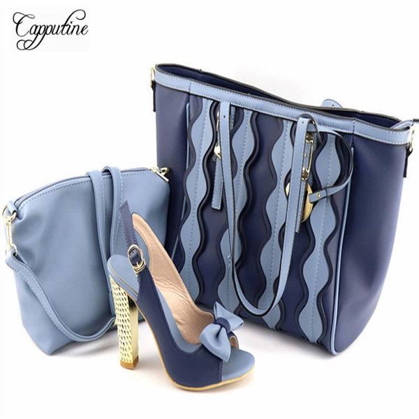 

dress shoes capputine pu leather blue color woman and bags set african heels handbag for party jy2021, Black