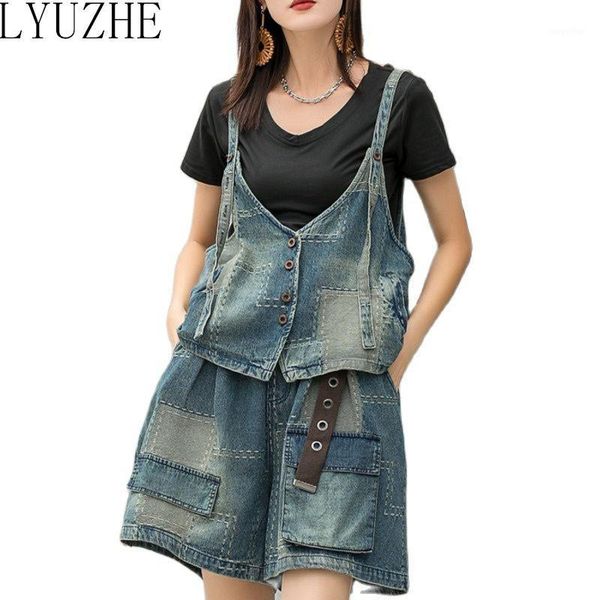 

women's tracksuits lyuzhe vintage women denim vest set 2021 summer patchwork coat + shorts fashion female 2 piece blue qdy273, Gray