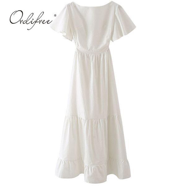 

summer women white beach backless tunic ruffle vacation party midi dress 210415, Black;gray