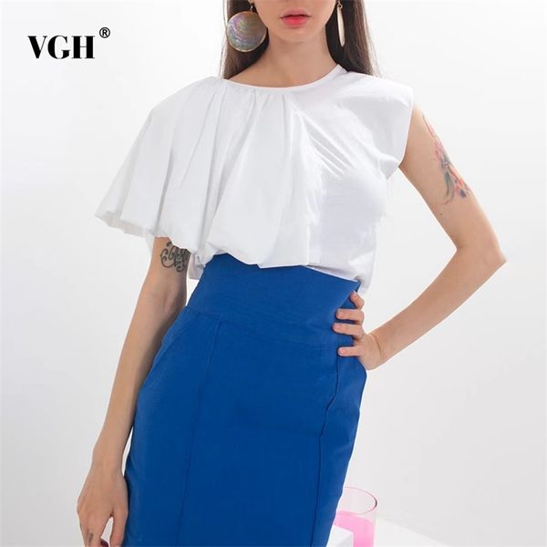 

black irregular t shirt for women o neck short sleeve patchwork slim shirts females summer fashion clothing stylish 210531, White