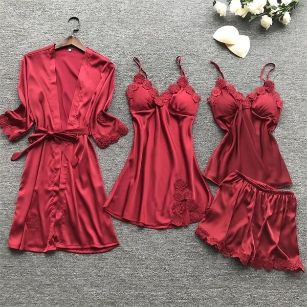

women's sleepwear home silk suit, long sleeve rrobe, thin piece charming, Black;red