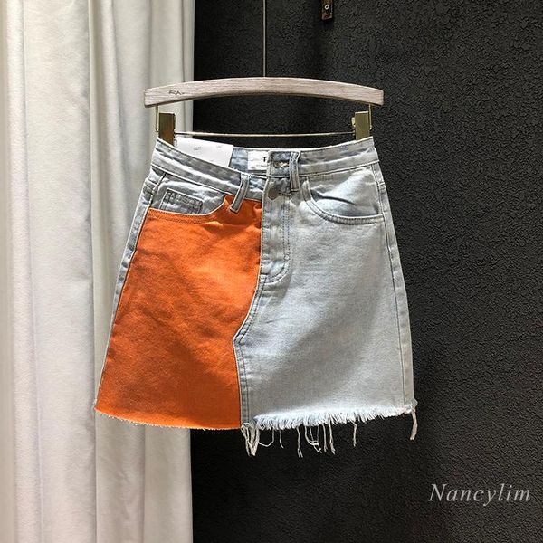

skirts color patch denim women korean style fashion loose irregular high waist edge jean skirt spring and summer 2021, Black