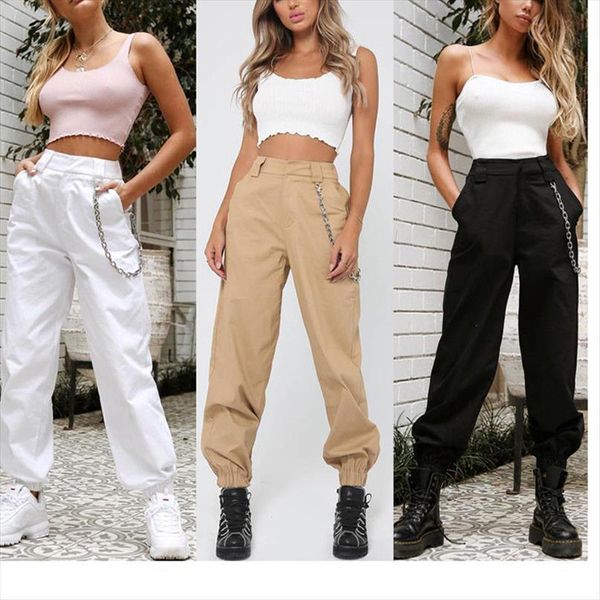 

high waist casual chain women capri solid color cargo harem leggings trousers overalls hip hop cool clothing, Black;white