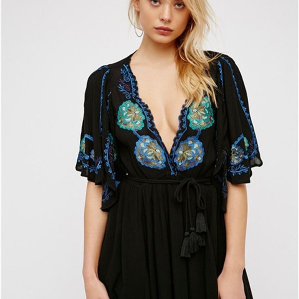 

casual dresses summer est cotton embroidery full sleeve mini hippie boho people ethnic tank sundress female vestidos elz1, Black;gray
