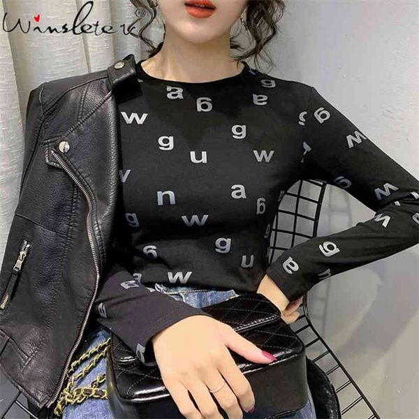 

women tshirt simple letter "wguan" printed casual tee cotton long sleeve o neck shirt for young 3 colors t07303b 210421, White