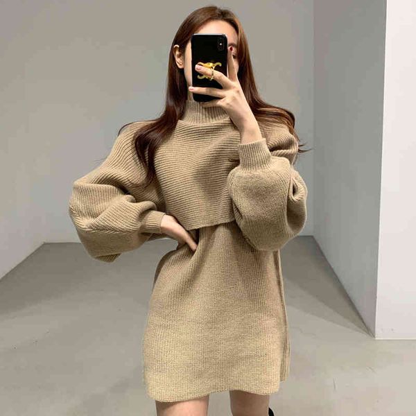 

casual dresses korean chic women autumn winter french high neck shawl lantern sleeve sweater small knitted two-piece set female bonv, Black;gray