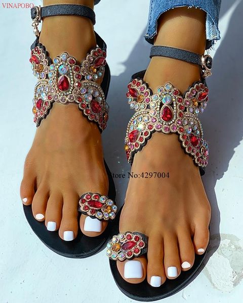 

vinapobo 2021 big size 40 rhineston bohemian sandals summer womens flat casual beach slippers flip flops black shoes