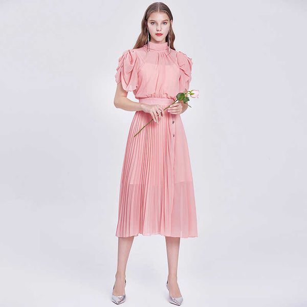 

summer elegant slim chiffon dress women stand collar short puff sleeve pleated party office ol vestidos 210529, Black;gray
